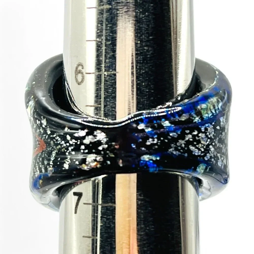 Hand Blown Glass Ring Sz 6.25 - 6.5 Black Swirl Metallic Wide Art Venetian Style